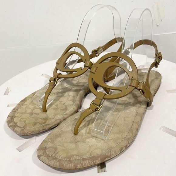 Coach‎ Jeri Logo Genuine Leather Sandals Flats Thong Strappy Tan Women 9B - Picture 1 of 9